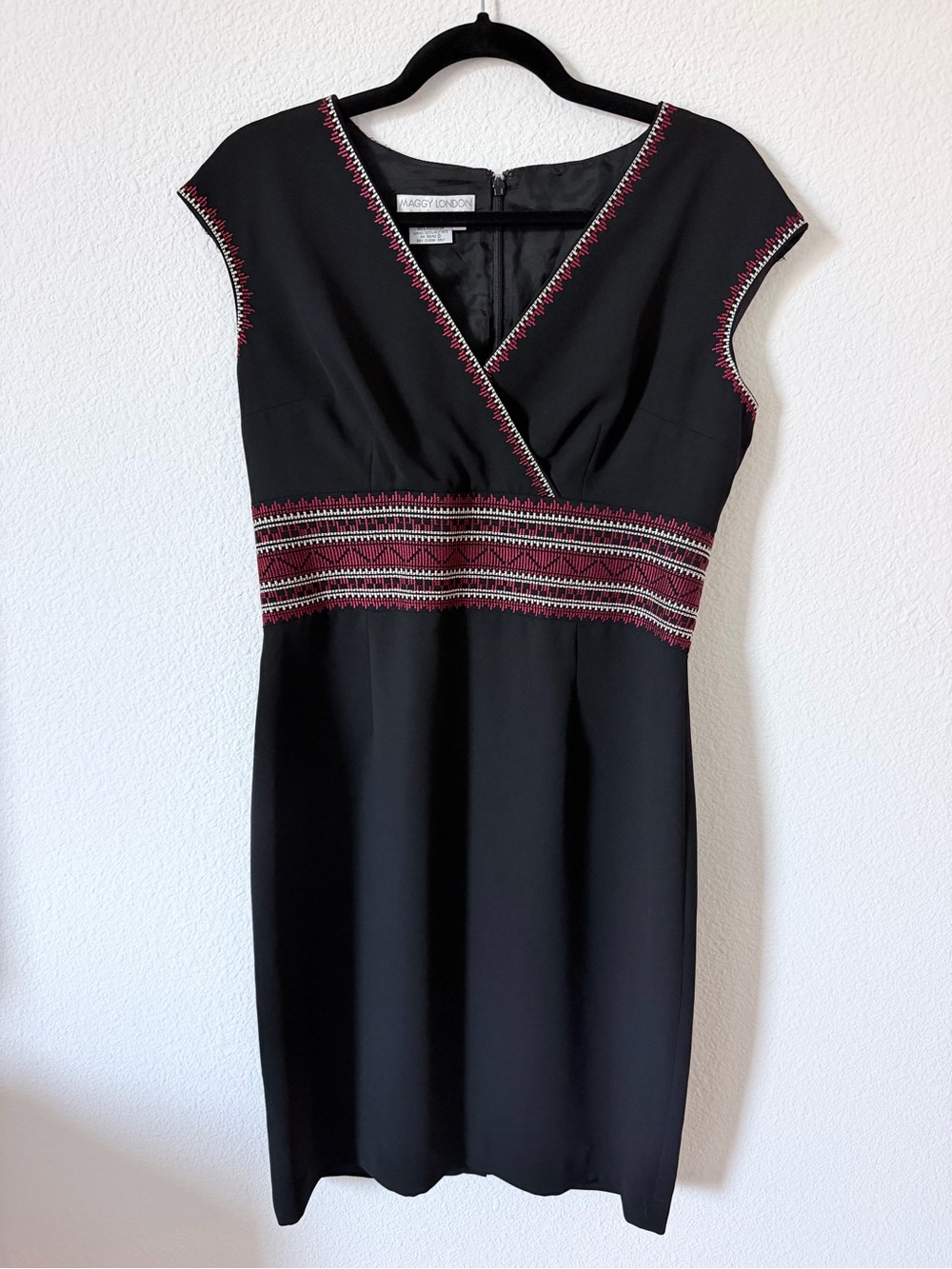 Maggy London Black Midi Sheath Dress with Red & Cream Embroidered Waist